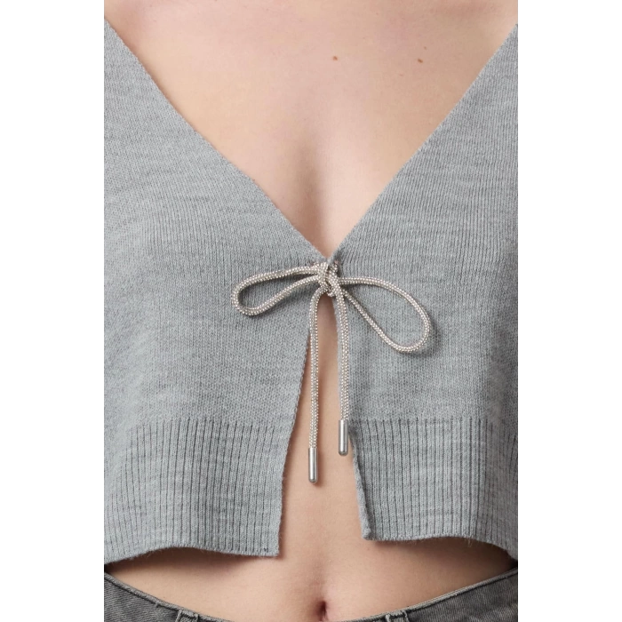 Kadın Moda Şık V Yaka Düşük Kol Crop Süper Basic Fiyonklu Triko Hırka