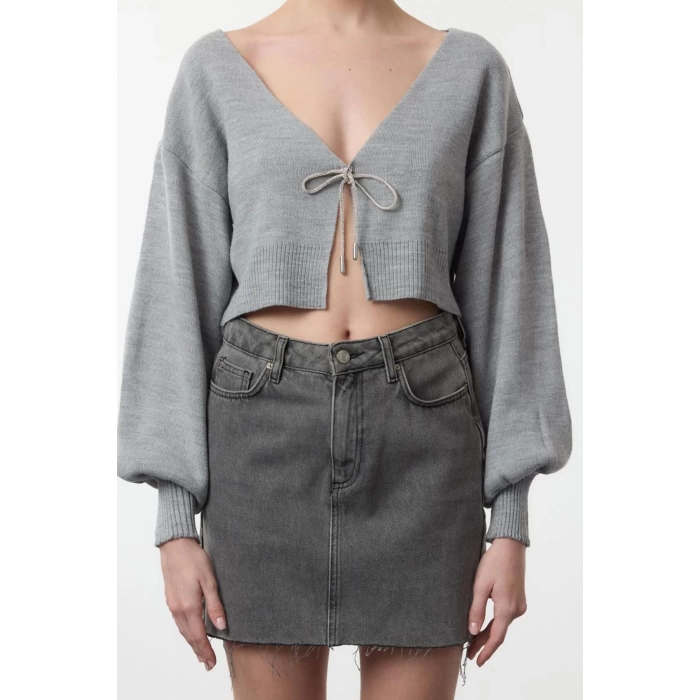 Kadın Moda Şık V Yaka Düşük Kol Crop Süper Basic Fiyonklu Triko Hırka