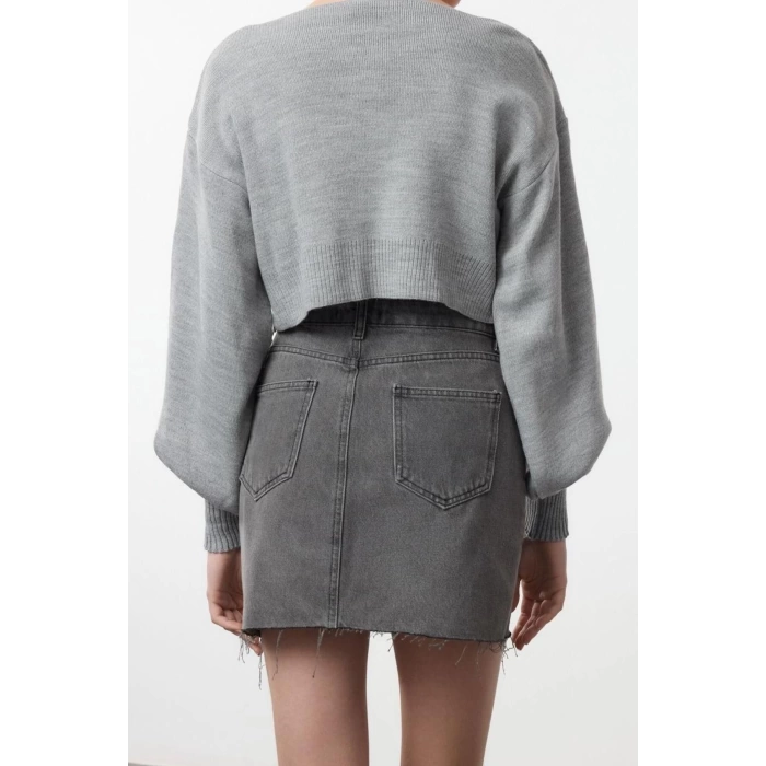 Kadın Moda Şık V Yaka Düşük Kol Crop Süper Basic Fiyonklu Triko Hırka