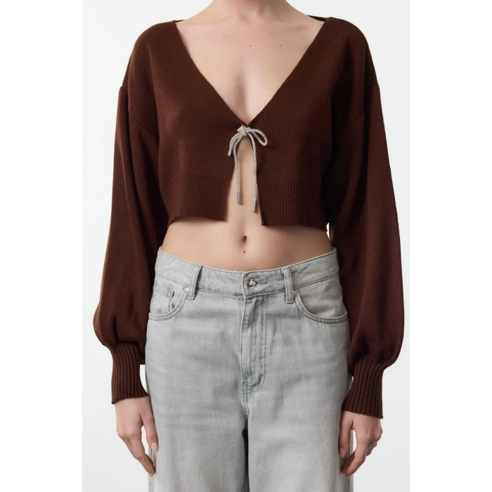 Kadın Moda Şık V Yaka Düşük Kol Crop Süper Basic Fiyonklu Triko Hırka