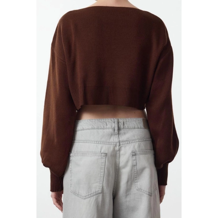 Kadın Moda Şık V Yaka Düşük Kol Crop Süper Basic Fiyonklu Triko Hırka