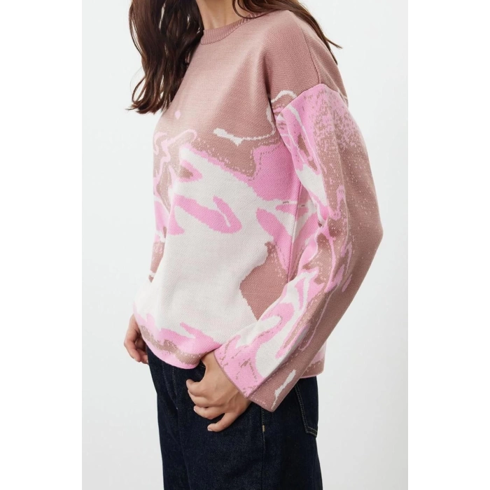 Women Fashion Stylish Crew Neck Standard Sleeve Regular Patterned Knitwear Sweater