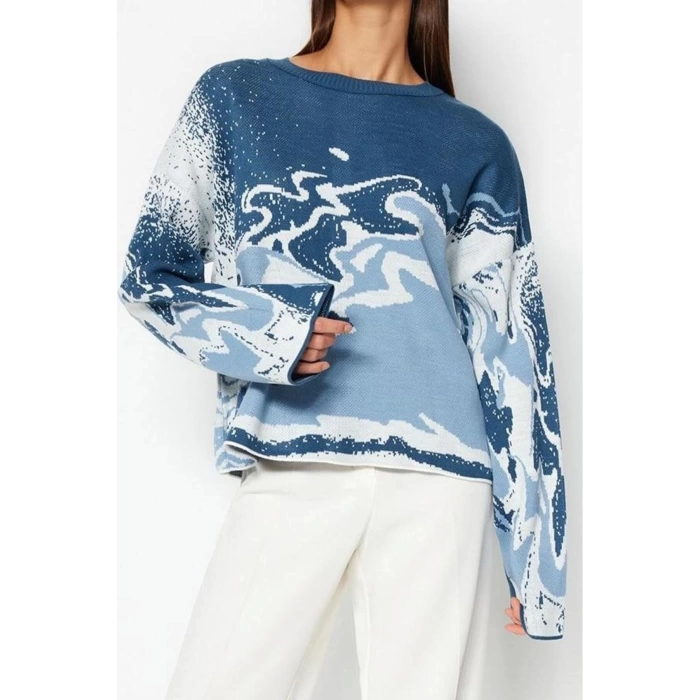 Women Fashion Stylish Crew Neck Standard Sleeve Regular Patterned Knitwear Sweater