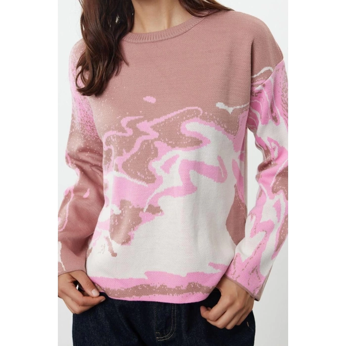 Women Fashion Stylish Crew Neck Standard Sleeve Regular Patterned Knitwear Sweater