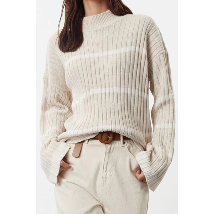 Women Fashion Stylish Stand Collar Standard Sleeve Regular Wide Fit Striped Knitwear Sweater