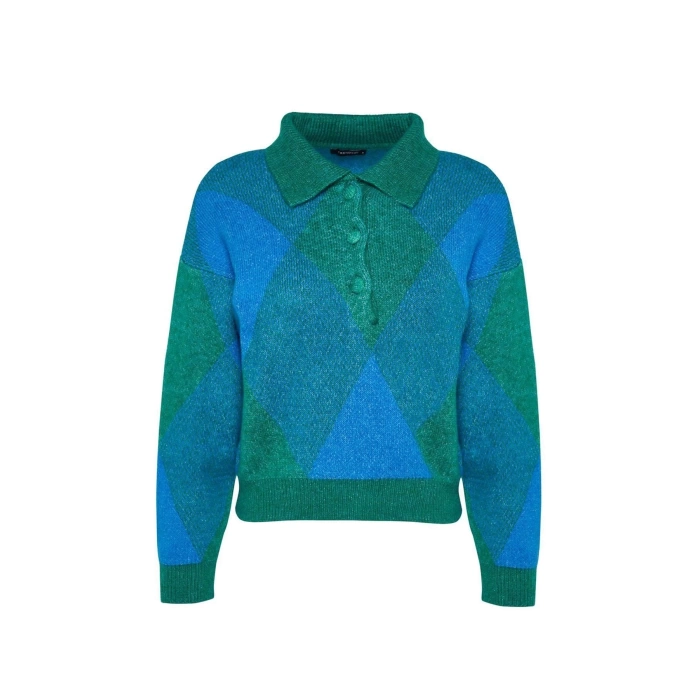 Kadın Moda Şık Polo Yaka Düşük Kol Regular Geniş Kalıp Yumuşak Dokulu Triko Kazak