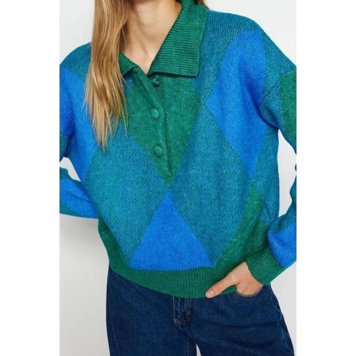 Kadın Moda Şık Polo Yaka Düşük Kol Regular Geniş Kalıp Yumuşak Dokulu Triko Kazak