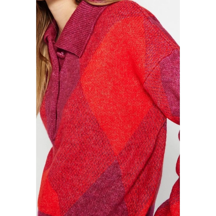 Kadın Moda Şık Polo Yaka Düşük Kol Regular Geniş Kalıp Yumuşak Dokulu Triko Kazak