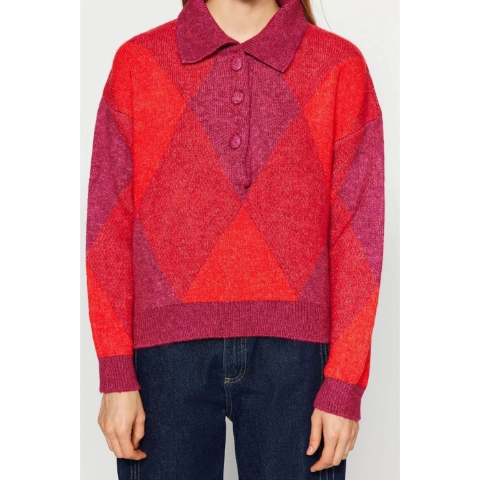 Kadın Moda Şık Polo Yaka Düşük Kol Regular Geniş Kalıp Yumuşak Dokulu Triko Kazak
