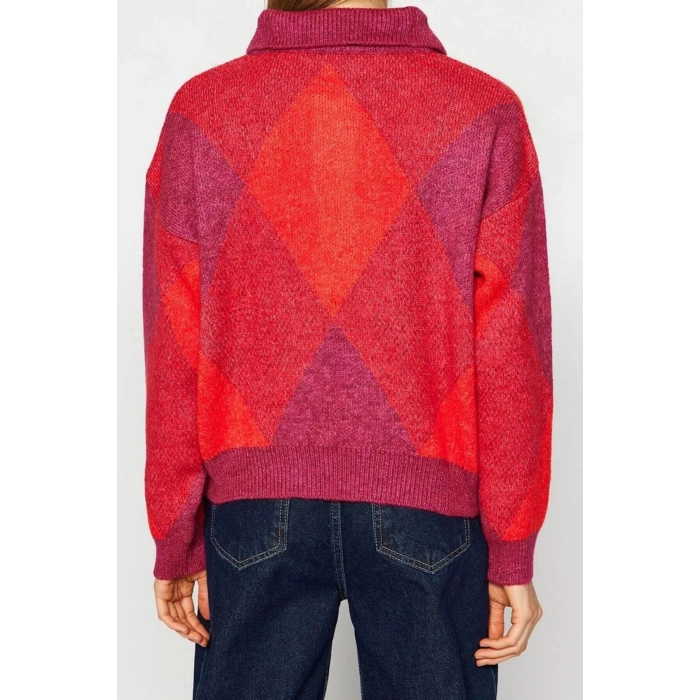 Kadın Moda Şık Polo Yaka Düşük Kol Regular Geniş Kalıp Yumuşak Dokulu Triko Kazak