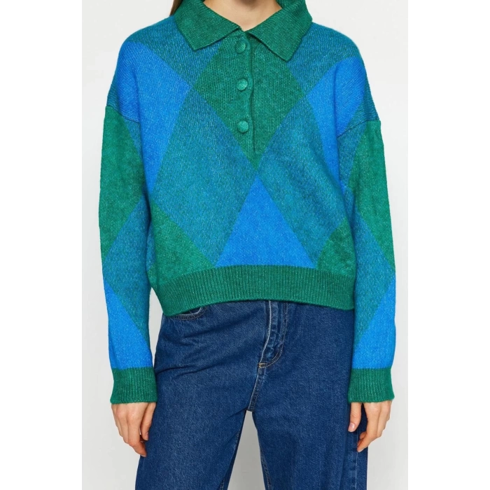 Kadın Moda Şık Polo Yaka Düşük Kol Regular Geniş Kalıp Yumuşak Dokulu Triko Kazak