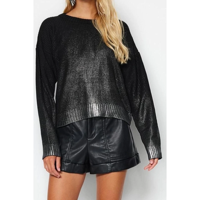 Women Fashion Stylish Crew Neck Standard Sleeve Regular Foil Printed Knitwear Sweater
