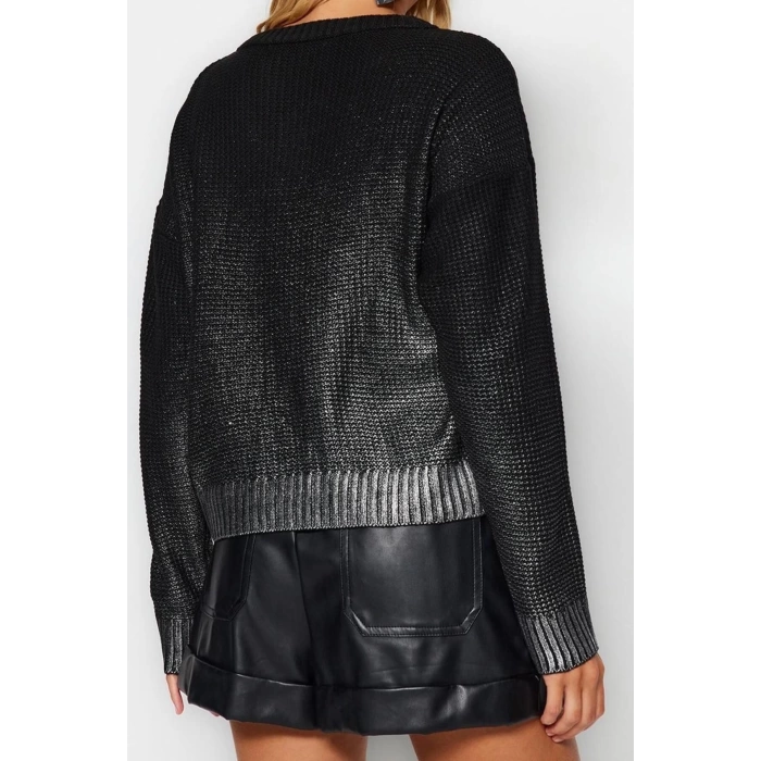 Women Fashion Stylish Crew Neck Standard Sleeve Regular Foil Printed Knitwear Sweater