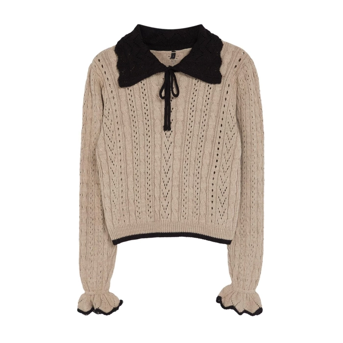 Womens Fashion Stylish Polo Neck Standard Sleeve Crop Openwork Hole Ribbon Detailed Knitwear Sweater