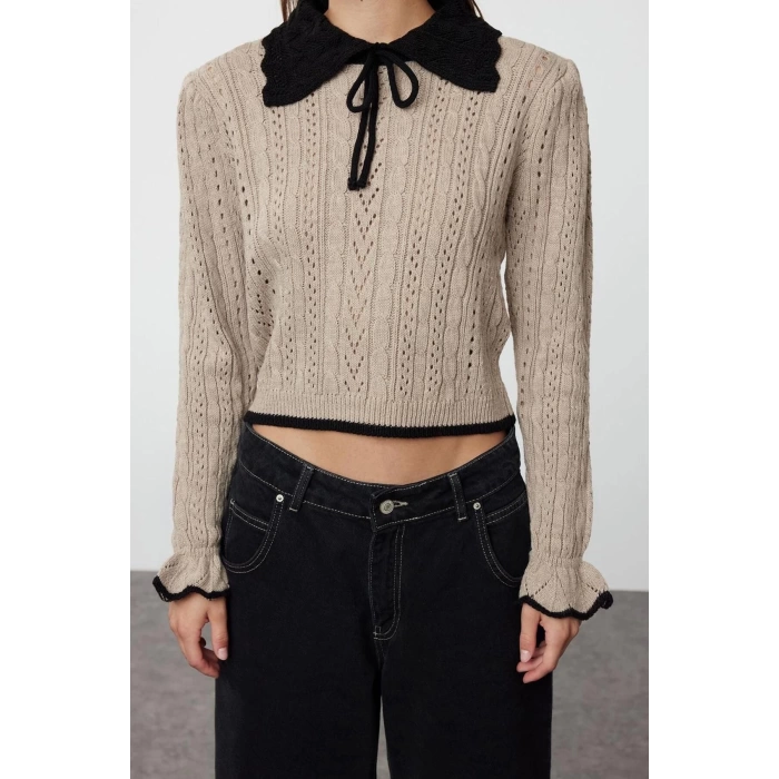 Womens Fashion Stylish Polo Neck Standard Sleeve Crop Openwork Hole Ribbon Detailed Knitwear Sweater