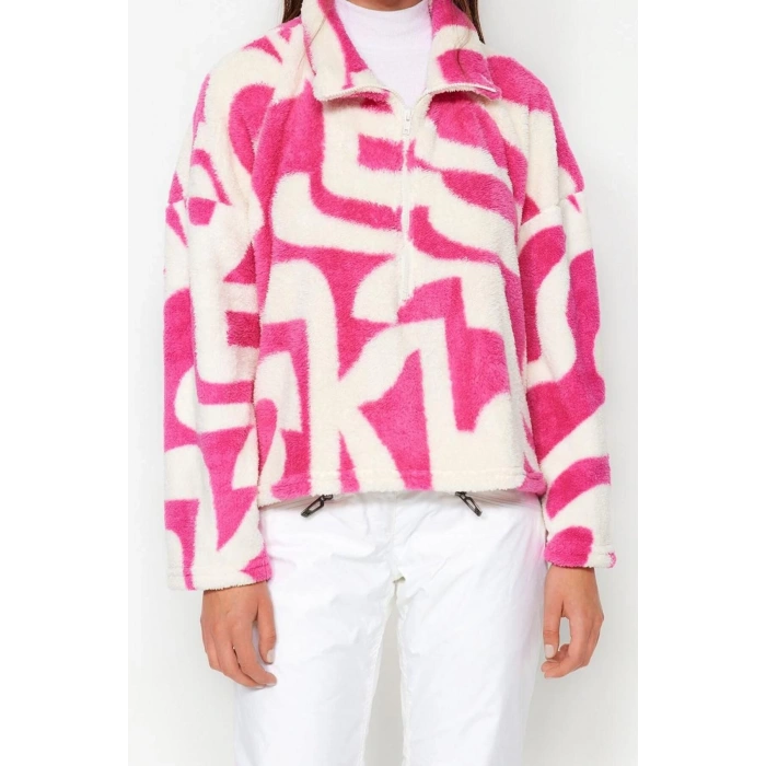 Kadın Fermuarlı Yaka Standart Kol Kalın Polar Desenli Fermuarlı Uzun Kol Örme Sweatshirt