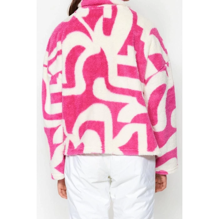 Kadın Fermuarlı Yaka Standart Kol Kalın Polar Desenli Fermuarlı Uzun Kol Örme Sweatshirt