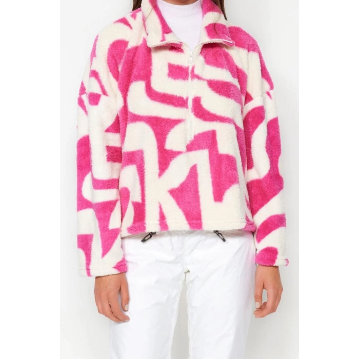 Kadın Fermuarlı Yaka Standart Kol Kalın Polar Desenli Fermuarlı Uzun Kol Örme Sweatshirt