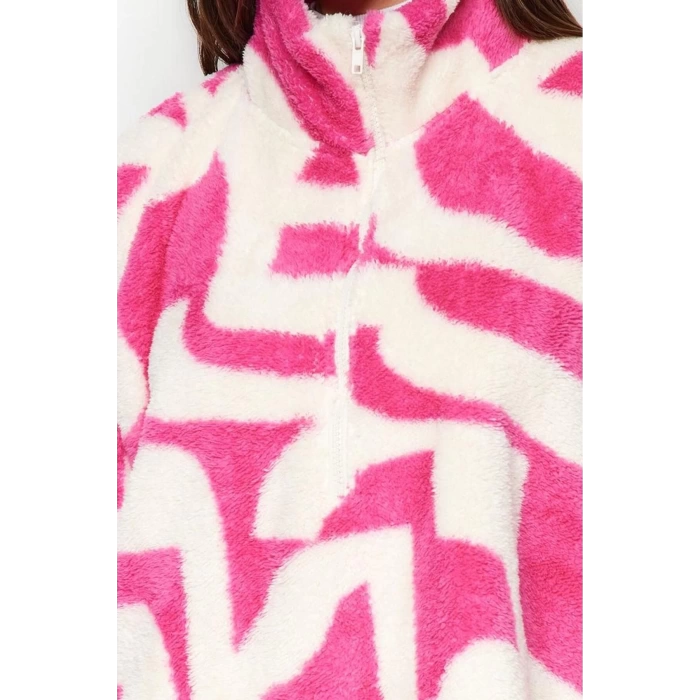 Kadın Fermuarlı Yaka Standart Kol Kalın Polar Desenli Fermuarlı Uzun Kol Örme Sweatshirt