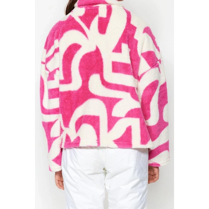 Kadın Fermuarlı Yaka Standart Kol Kalın Polar Desenli Fermuarlı Uzun Kol Örme Sweatshirt