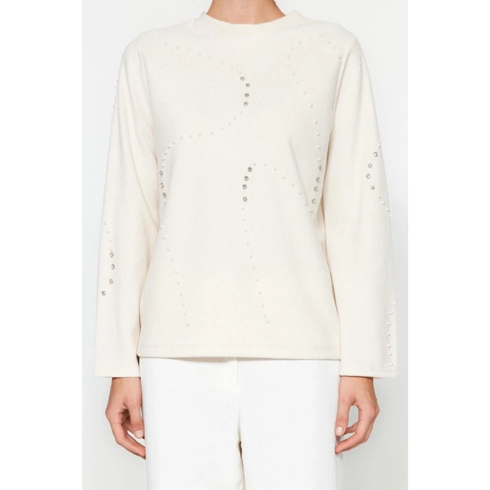 Womens Crew Neck Low Sleeve Accessory Detailed Selanik Knitwear Regular Pattern Knitted Sweatshirt