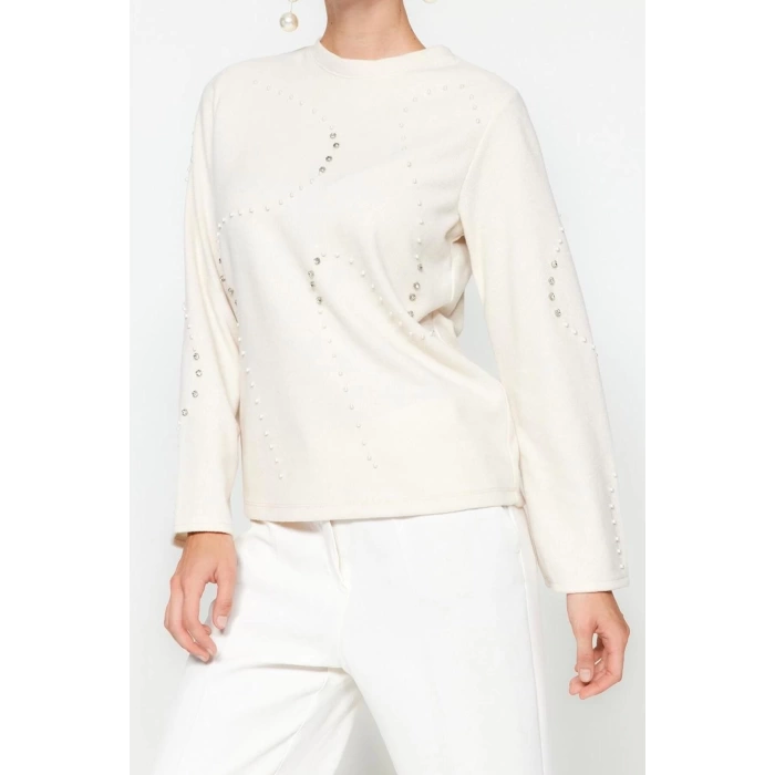 Womens Crew Neck Low Sleeve Accessory Detailed Selanik Knitwear Regular Pattern Knitted Sweatshirt