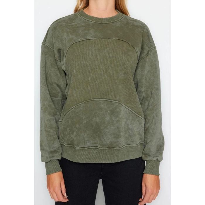Kadın Regular Bisiklet Yaka Düşük Kol Regular Eskitme Kalın İçi Polarlı Geniş Kalıp Örme Sweatshirt