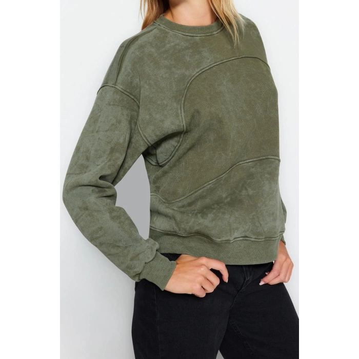 Kadın Regular Bisiklet Yaka Düşük Kol Regular Eskitme Kalın İçi Polarlı Geniş Kalıp Örme Sweatshirt