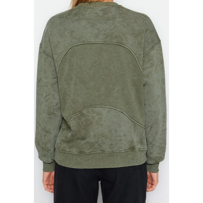 Kadın Regular Bisiklet Yaka Düşük Kol Regular Eskitme Kalın İçi Polarlı Geniş Kalıp Örme Sweatshirt