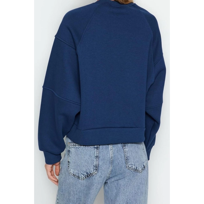 Women Fashion Stylish Regular Crew Neck Low Sleeve Crop Fit Embroidered Thick Fleece Knitted Sweatshirt