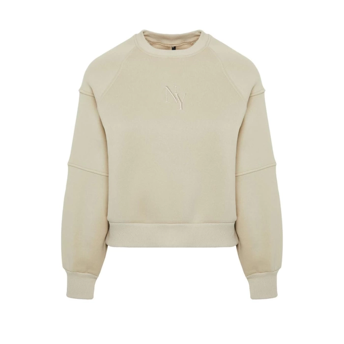 Women Fashion Stylish Regular Crew Neck Low Sleeve Crop Fit Embroidered Thick Fleece Knitted Sweatshirt