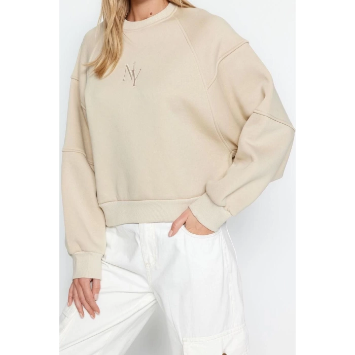 Women Fashion Stylish Regular Crew Neck Low Sleeve Crop Fit Embroidered Thick Fleece Knitted Sweatshirt