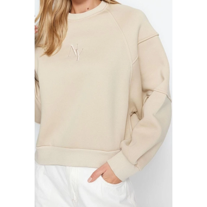 Women Fashion Stylish Regular Crew Neck Low Sleeve Crop Fit Embroidered Thick Fleece Knitted Sweatshirt