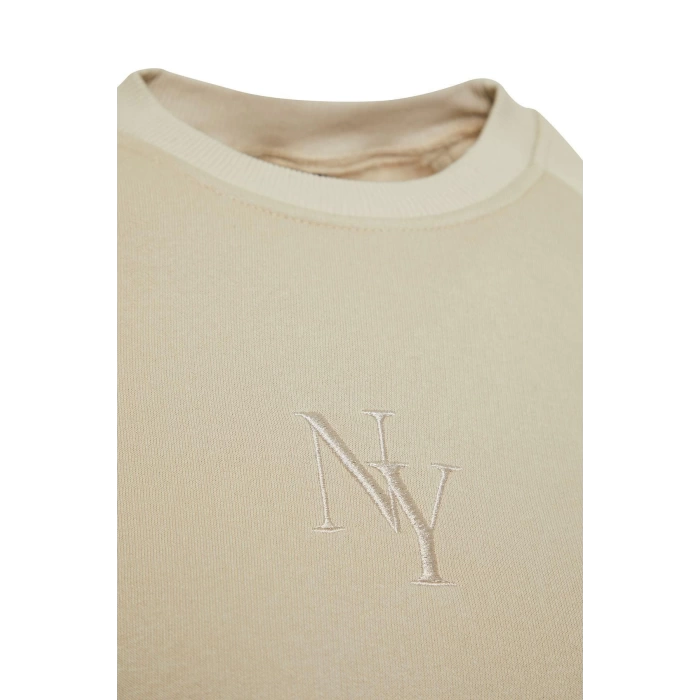 Women Fashion Stylish Regular Crew Neck Low Sleeve Crop Fit Embroidered Thick Fleece Knitted Sweatshirt
