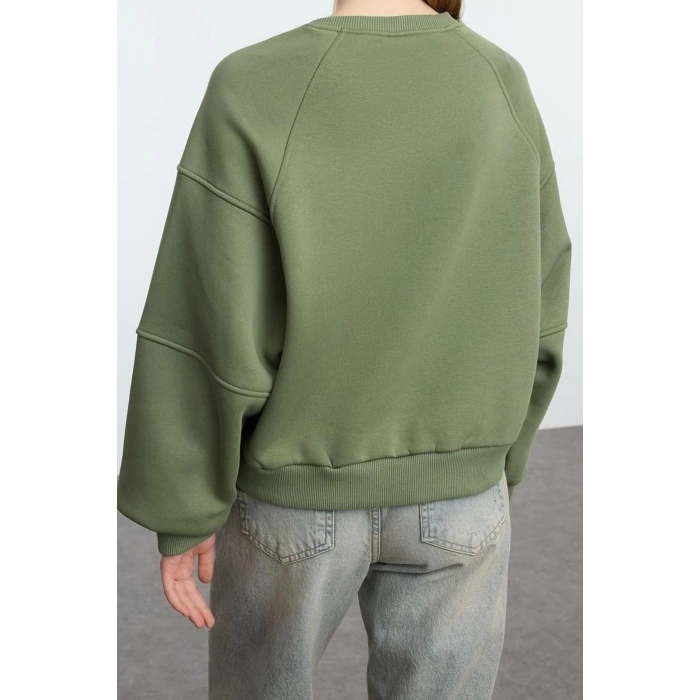 Women Fashion Stylish Regular Crew Neck Low Sleeve Crop Fit Embroidered Thick Fleece Knitted Sweatshirt