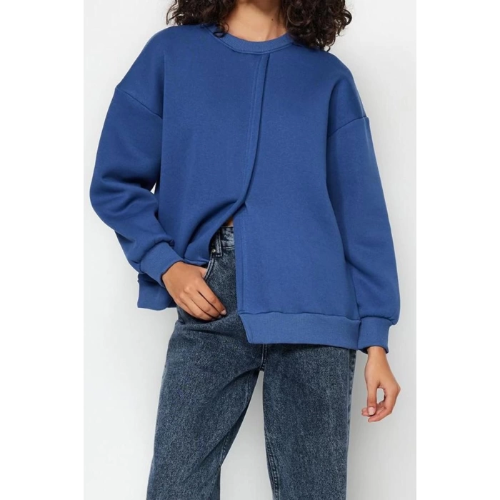 Womens Regular Crew Neck Low Sleeve Regular Thick Polar Fleece Asymmetric Detailed Knitted Sweatshirt