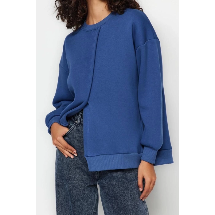 Womens Regular Crew Neck Low Sleeve Regular Thick Polar Fleece Asymmetric Detailed Knitted Sweatshirt