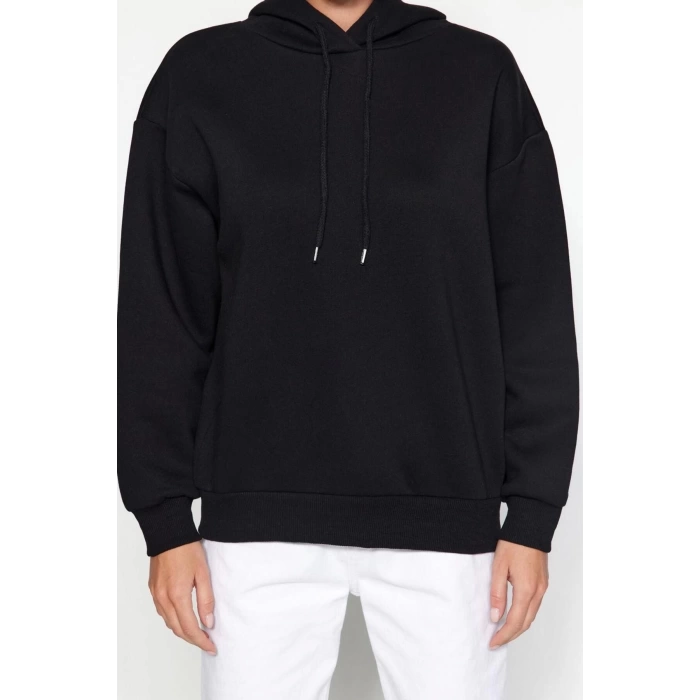 Kadın Regular Kapüşonlu Standart Kol Regular Kapüşonu Slogan Baskılı Geniş Kesim Örme Sweatshirt