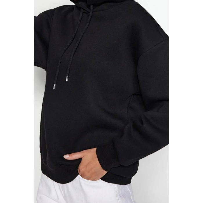 Kadın Regular Kapüşonlu Standart Kol Regular Kapüşonu Slogan Baskılı Geniş Kesim Örme Sweatshirt