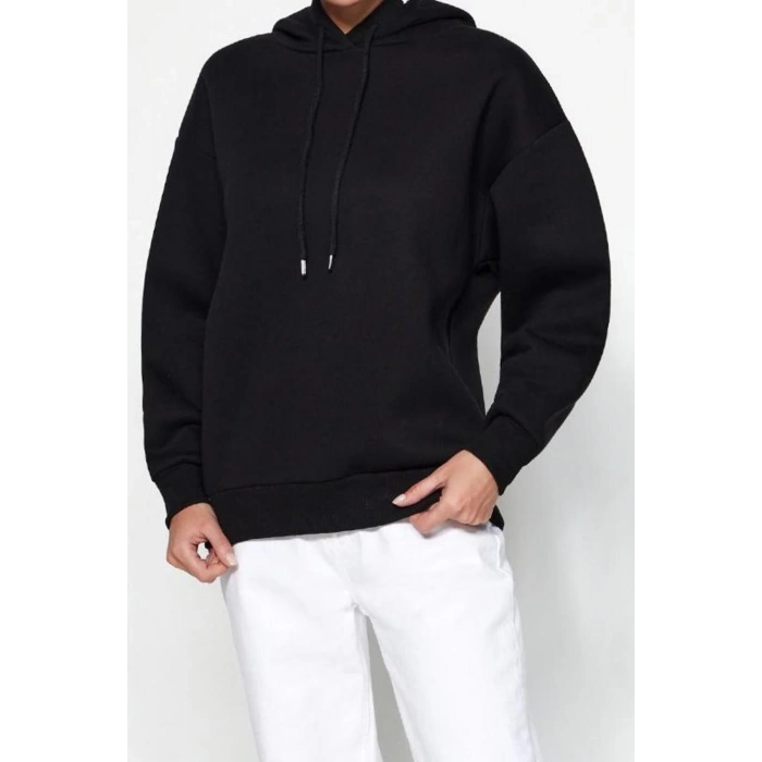 Kadın Regular Kapüşonlu Standart Kol Regular Kapüşonu Slogan Baskılı Geniş Kesim Örme Sweatshirt