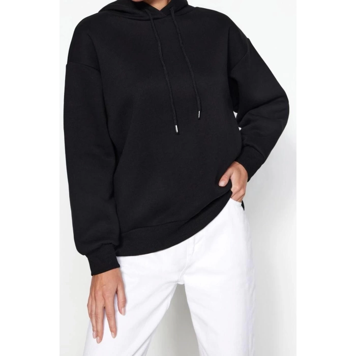 Kadın Regular Kapüşonlu Standart Kol Regular Kapüşonu Slogan Baskılı Geniş Kesim Örme Sweatshirt