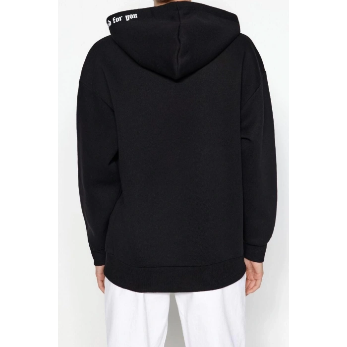 Kadın Regular Kapüşonlu Standart Kol Regular Kapüşonu Slogan Baskılı Geniş Kesim Örme Sweatshirt