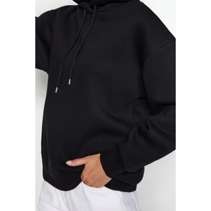 Kadın Regular Kapüşonlu Standart Kol Regular Kapüşonu Slogan Baskılı Geniş Kesim Örme Sweatshirt