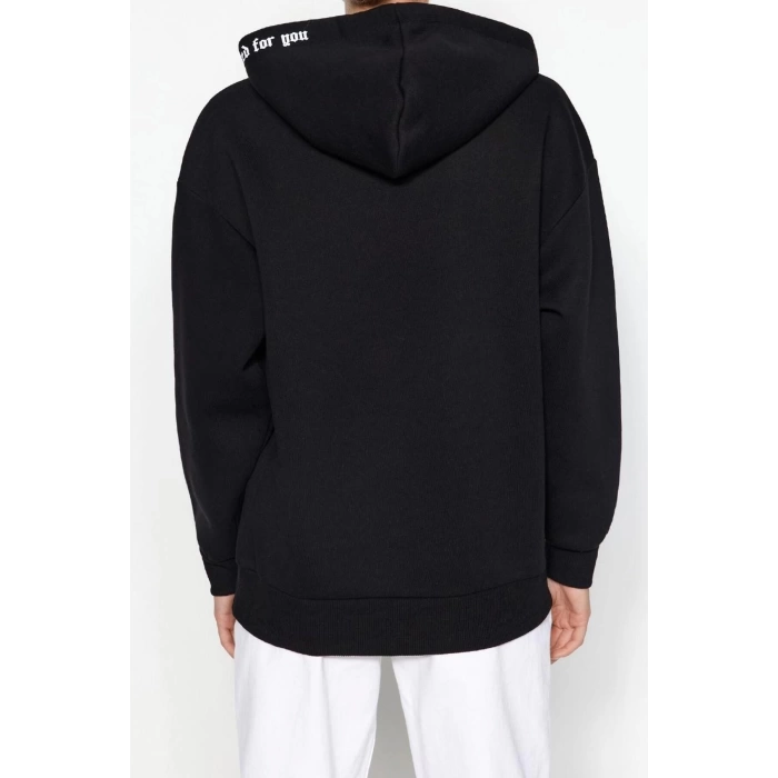 Kadın Regular Kapüşonlu Standart Kol Regular Kapüşonu Slogan Baskılı Geniş Kesim Örme Sweatshirt