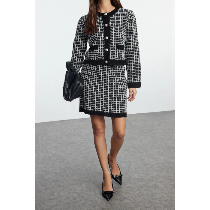 Womens Fashion Stylish Regular Length Long Sleeve Knitted Detailed Knitwear Top-Bottom Set