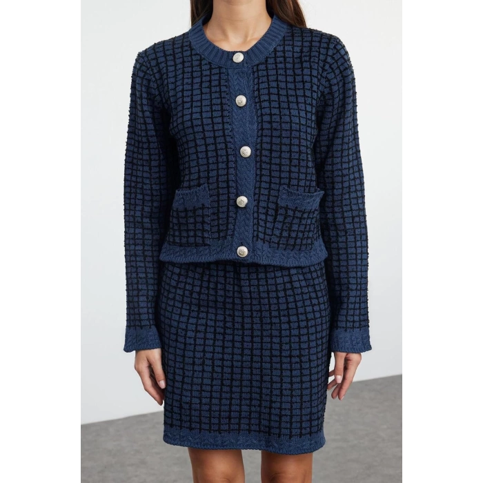 Womens Fashion Stylish Regular Length Long Sleeve Knitted Detailed Knitwear Top-Bottom Set