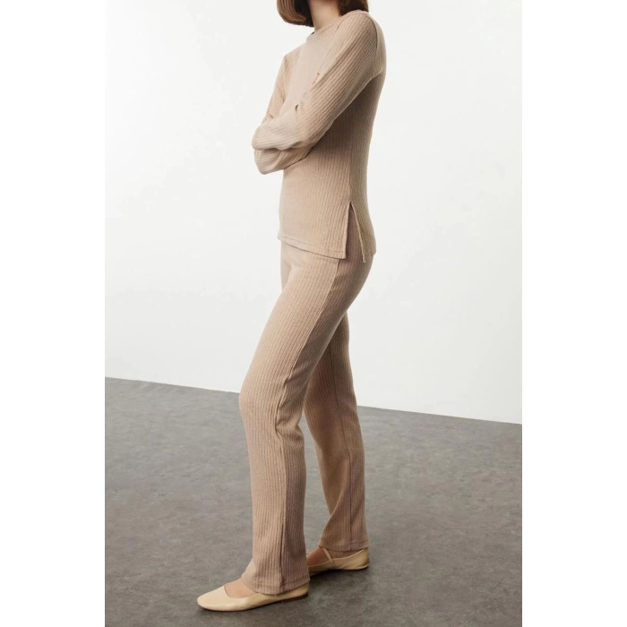 Womens Fashion Stylish Regular Side Slit Regular Regular Cut Crew Neck Knitted Bottom-Top Set