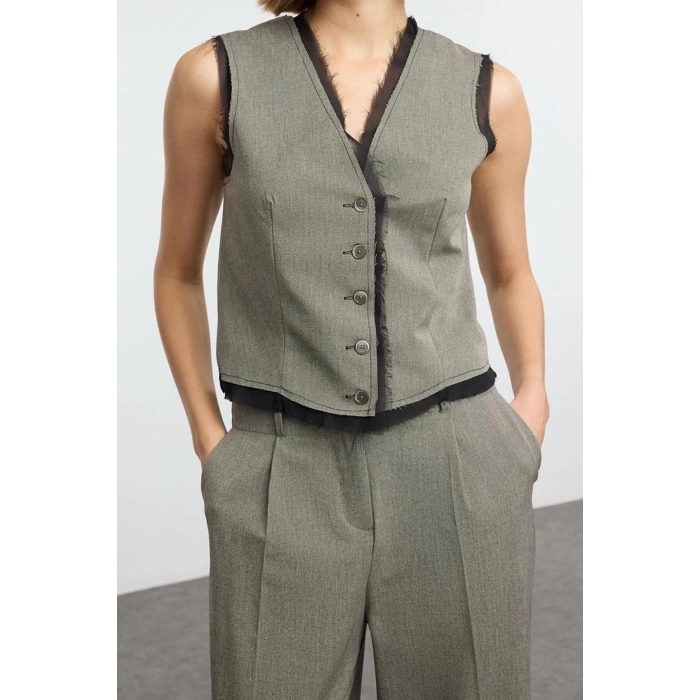 Women Fashion Stylish Regular Length Long Sleeve Polyviscon Fabric Woven Vest-Pants Set