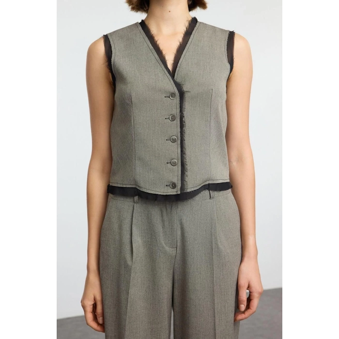 Women Fashion Stylish Regular Length Long Sleeve Polyviscon Fabric Woven Vest-Pants Set