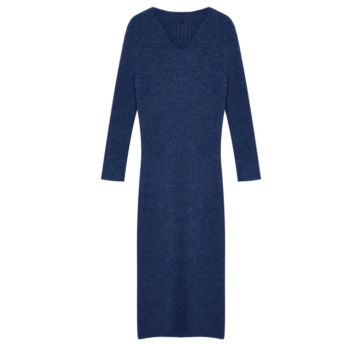 Women Fashion Stylish Maxi Length V Neck Regular Knitted Woolen Basic Dress